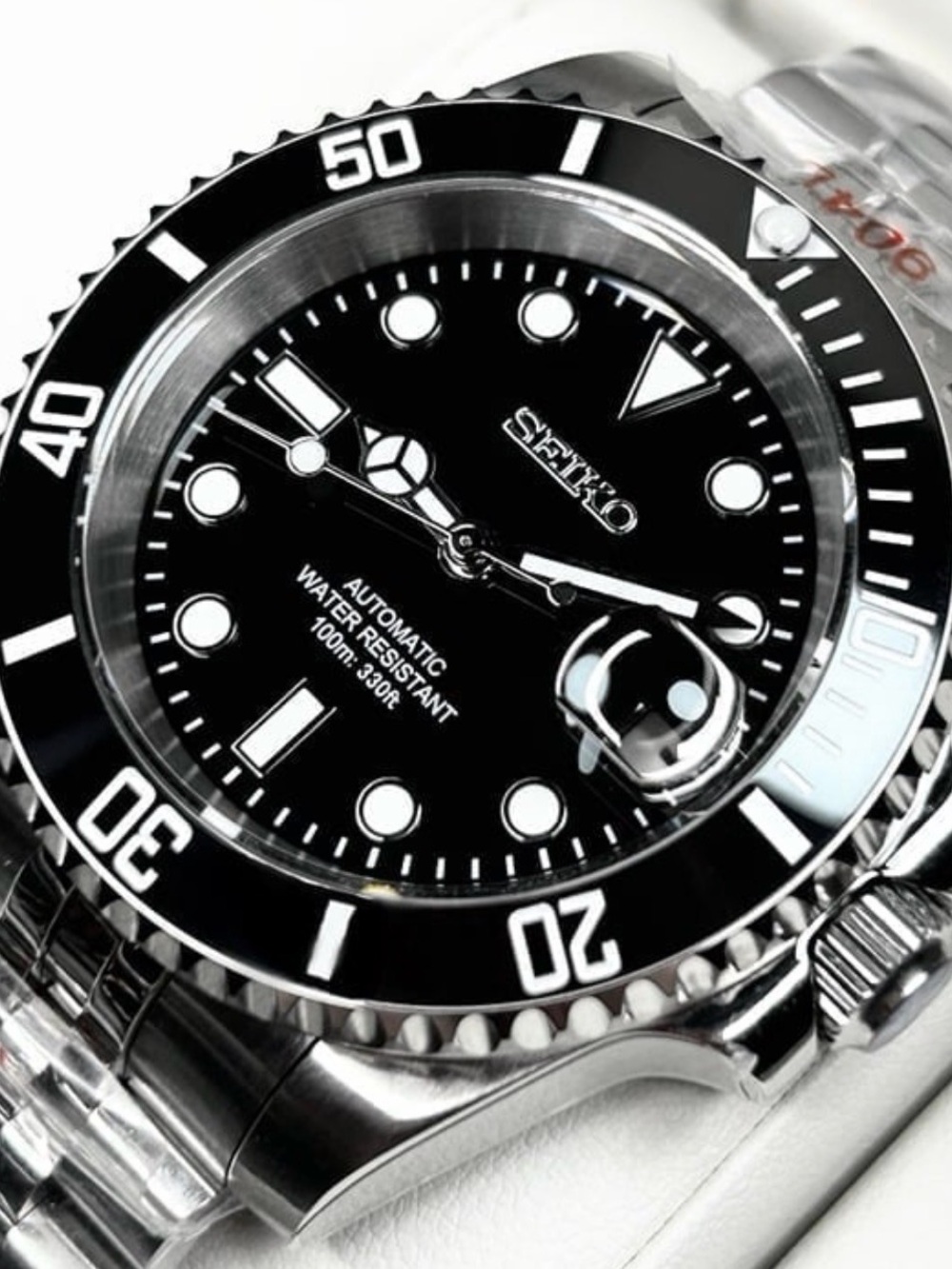 Custom Seiko Black Automatic Date Mod Watch Sub Lume Silver Jubilee Steel